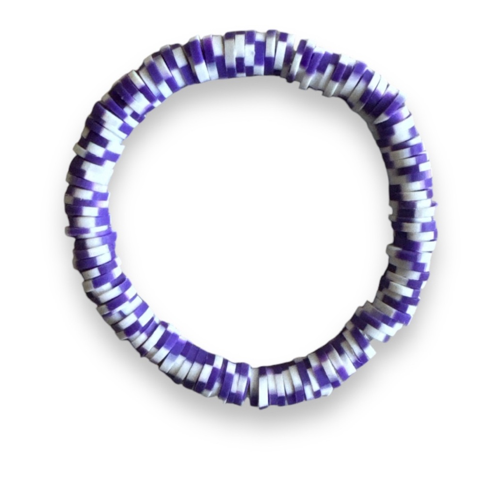 3 FOR $10 HANDCRAFTED Purple & White Clay Beaded Bracelet